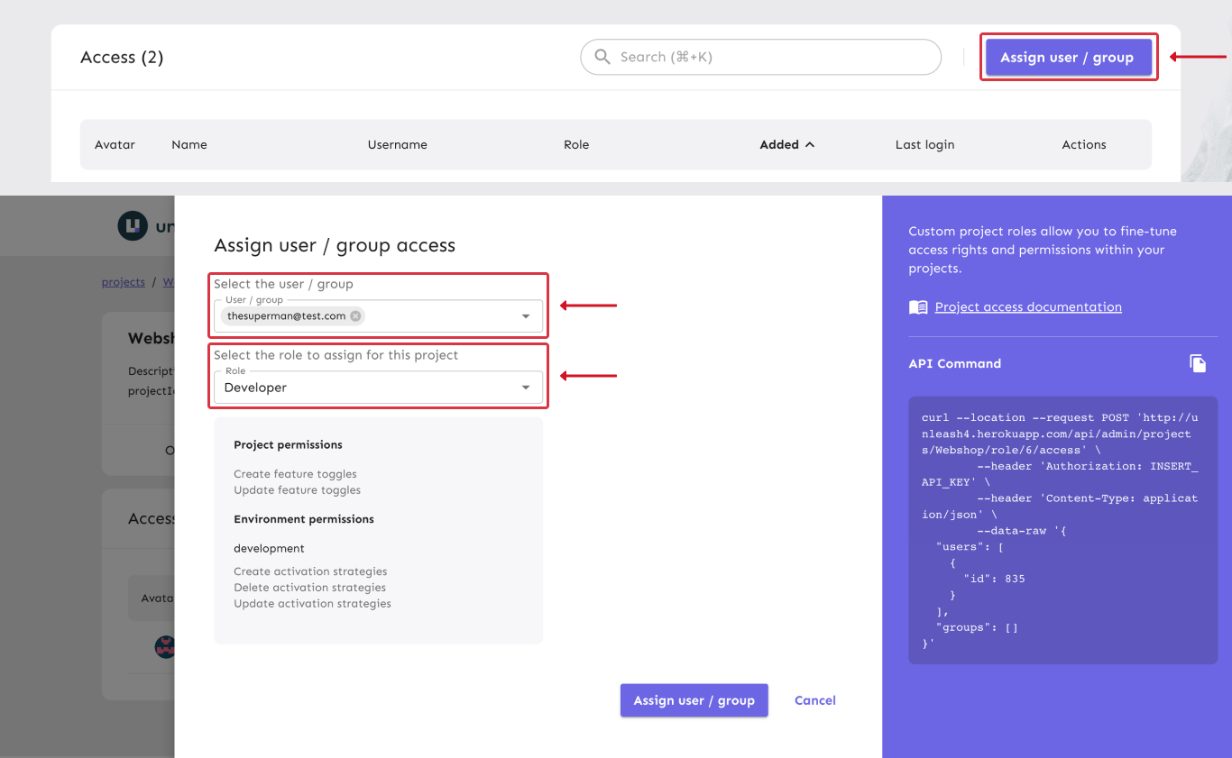 Adding a user to a project. The add user form is filled out with data for an &quot;Alexis&quot;. The Role input is open and the custom &quot;Developer&quot; role is highlighted.